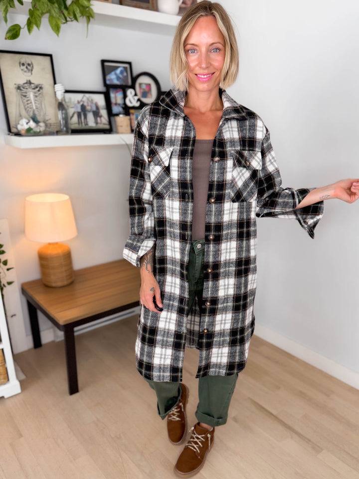 Out West Plaid Flannel Shacket- BLACK/OLIVE MUTLI