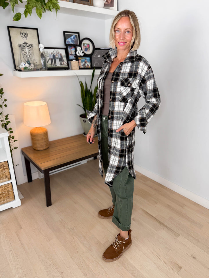 Out West Plaid Flannel Shacket- BLACK/OLIVE MUTLI
