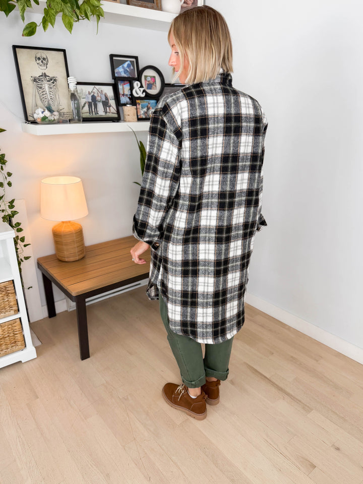 Out West Plaid Flannel Shacket- BLACK/OLIVE MUTLI