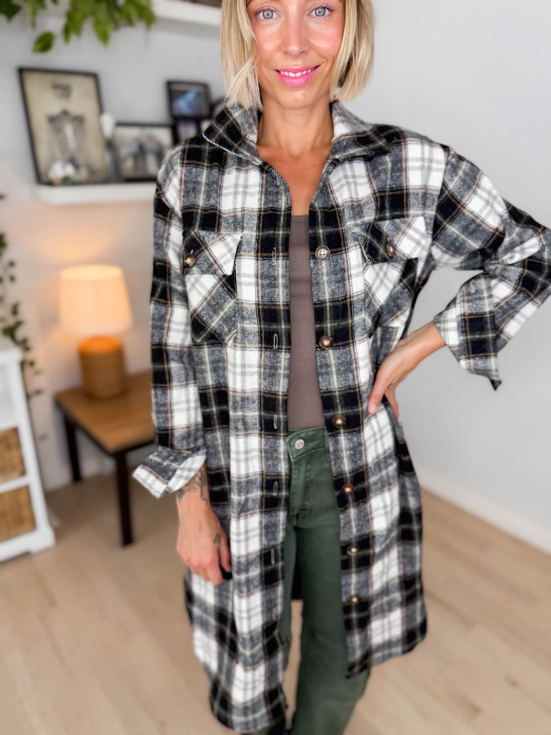 Out West Plaid Flannel Shacket- BLACK/OLIVE MUTLI