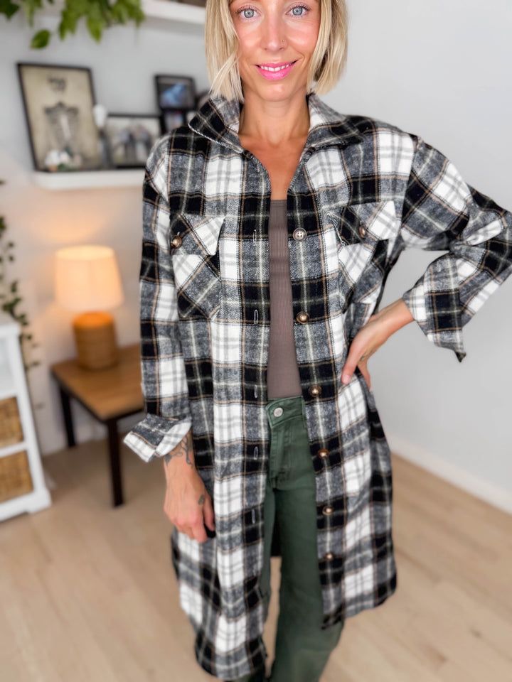 Out West Plaid Flannel Shacket- BLACK/OLIVE MUTLI