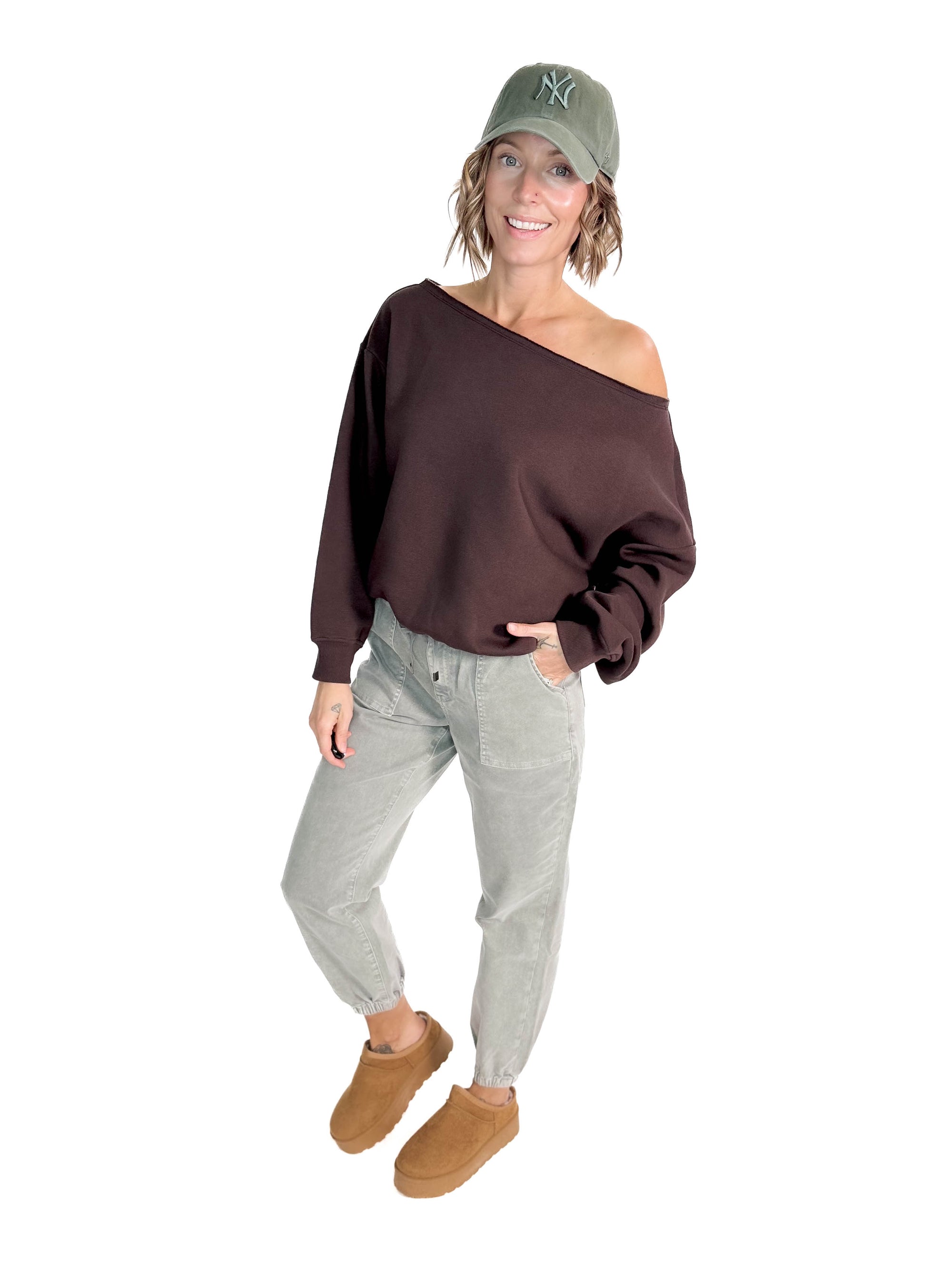 Janice Fleece Off Shoulder Top- ESPRESSO