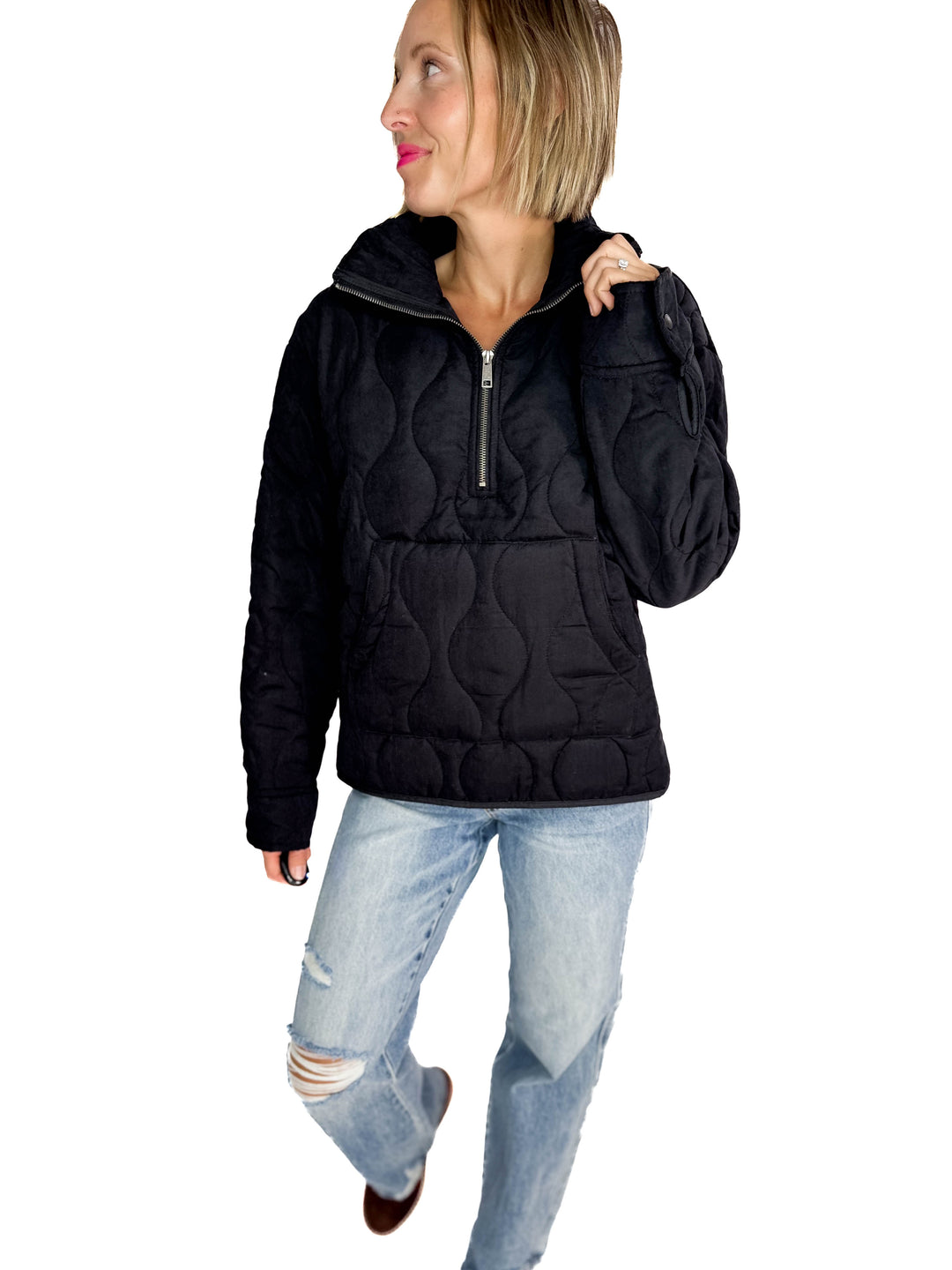Elmwood Quilted 1/4 Zip Jacket- BLACK