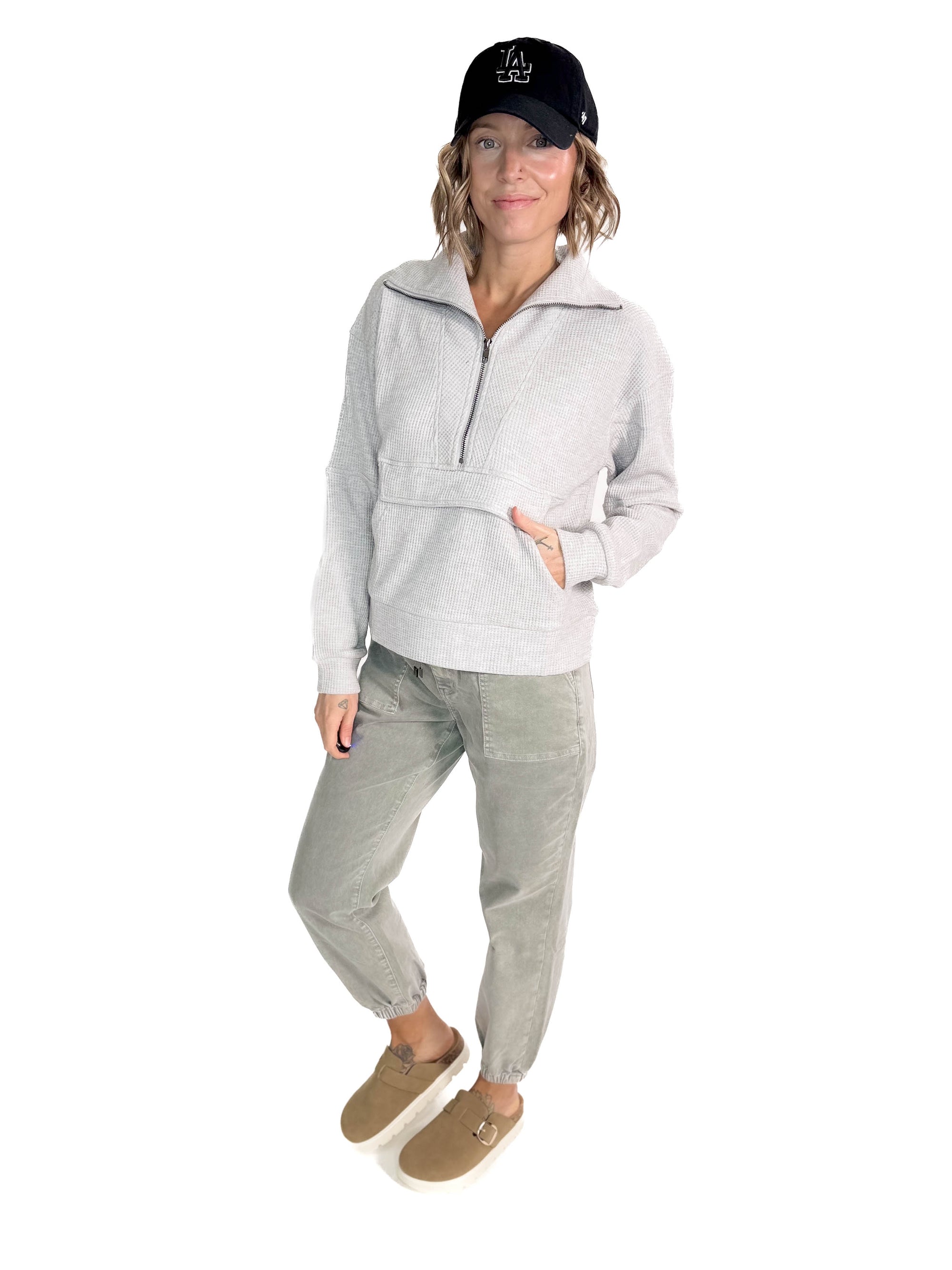 Alexis Soft Waffle Half Zip Sweatshirt- LIGHT HEATHER GREY