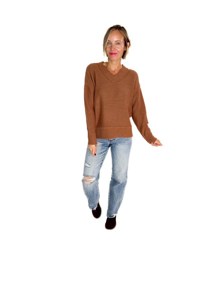 Vienna V-Neck Sweater- CLAY