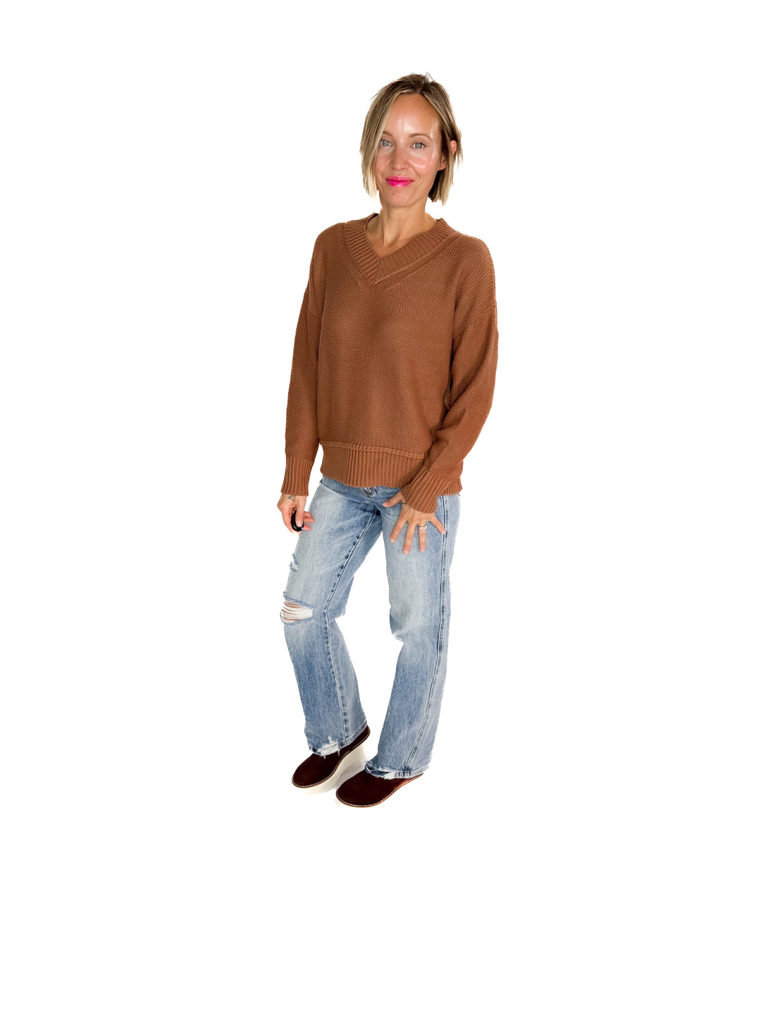 Vienna V-Neck Sweater- CLAY