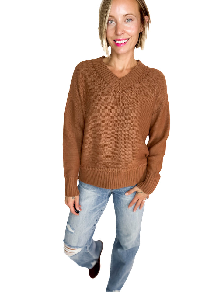 Vienna V-Neck Sweater- CLAY