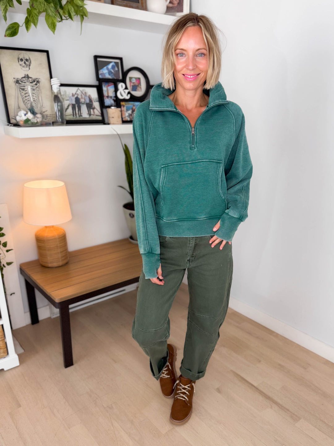 Drew Washed 1/4 Zip Sweatshirt- TEAL GREEN