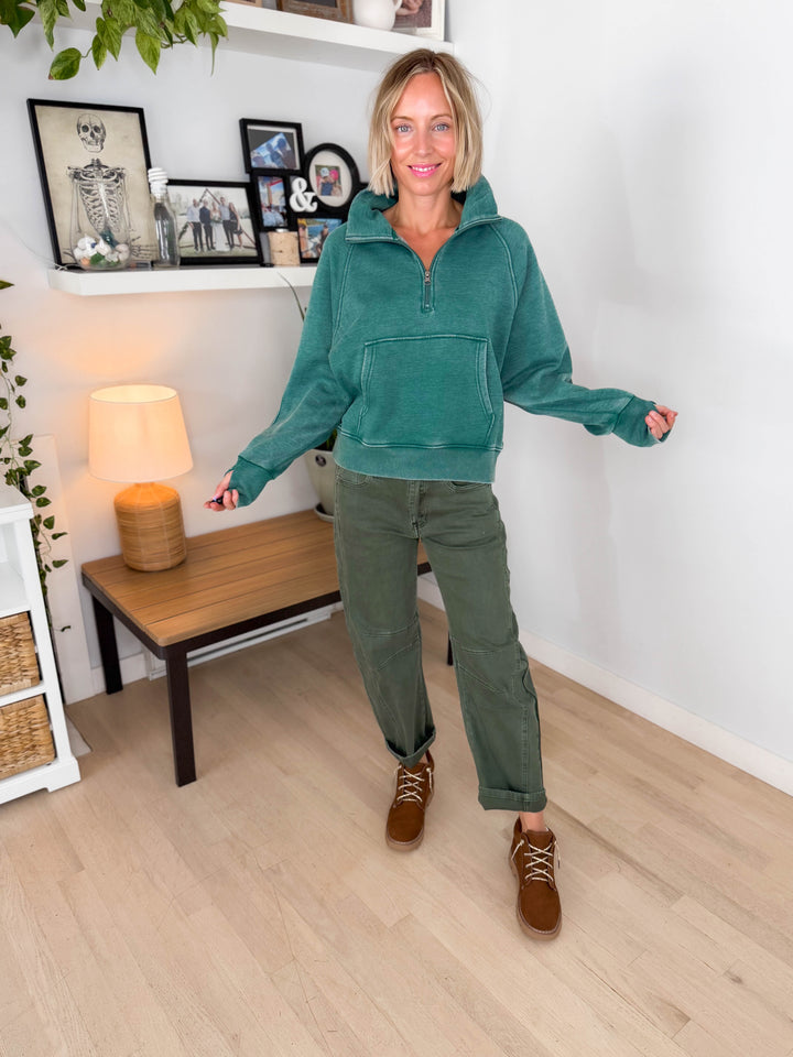 Drew Washed 1/4 Zip Sweatshirt- TEAL GREEN