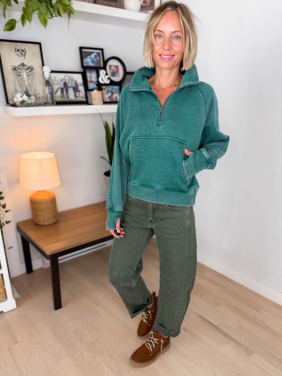 Drew Washed 1/4 Zip Sweatshirt- TEAL GREEN