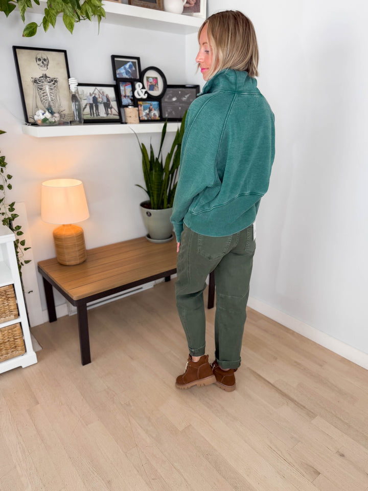 Drew Washed 1/4 Zip Sweatshirt- TEAL GREEN