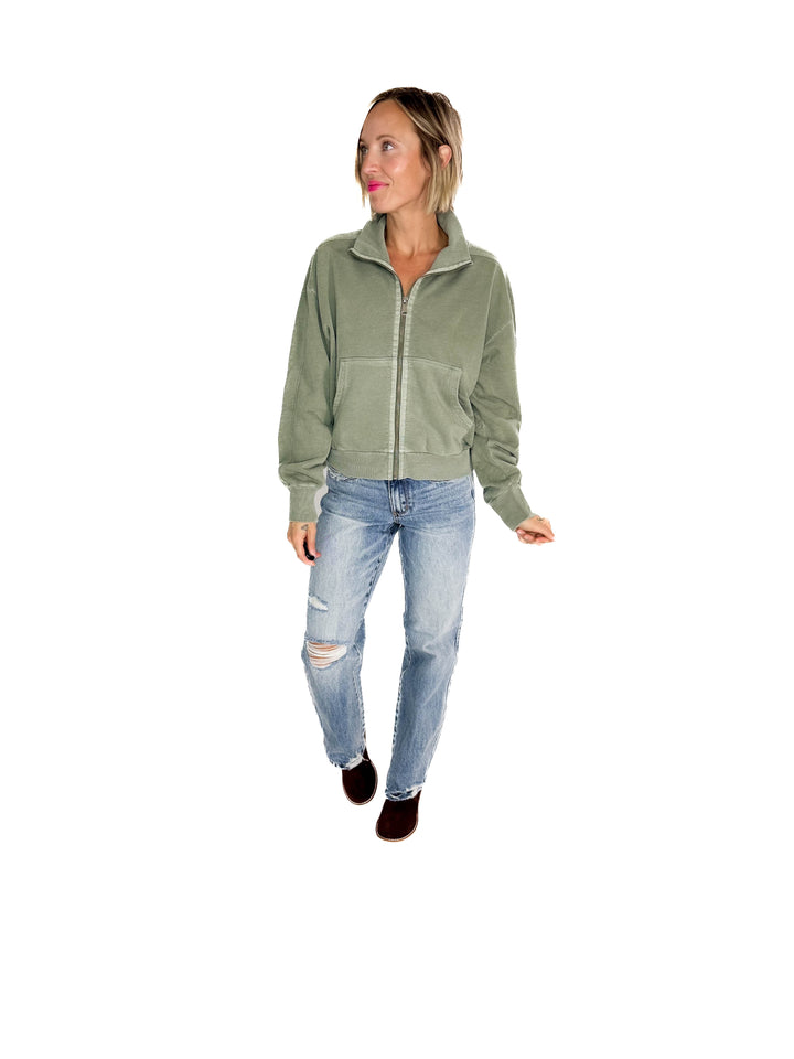 Adeline Cozy Acid Wash High Collar Full Zip- WASHED SAGE