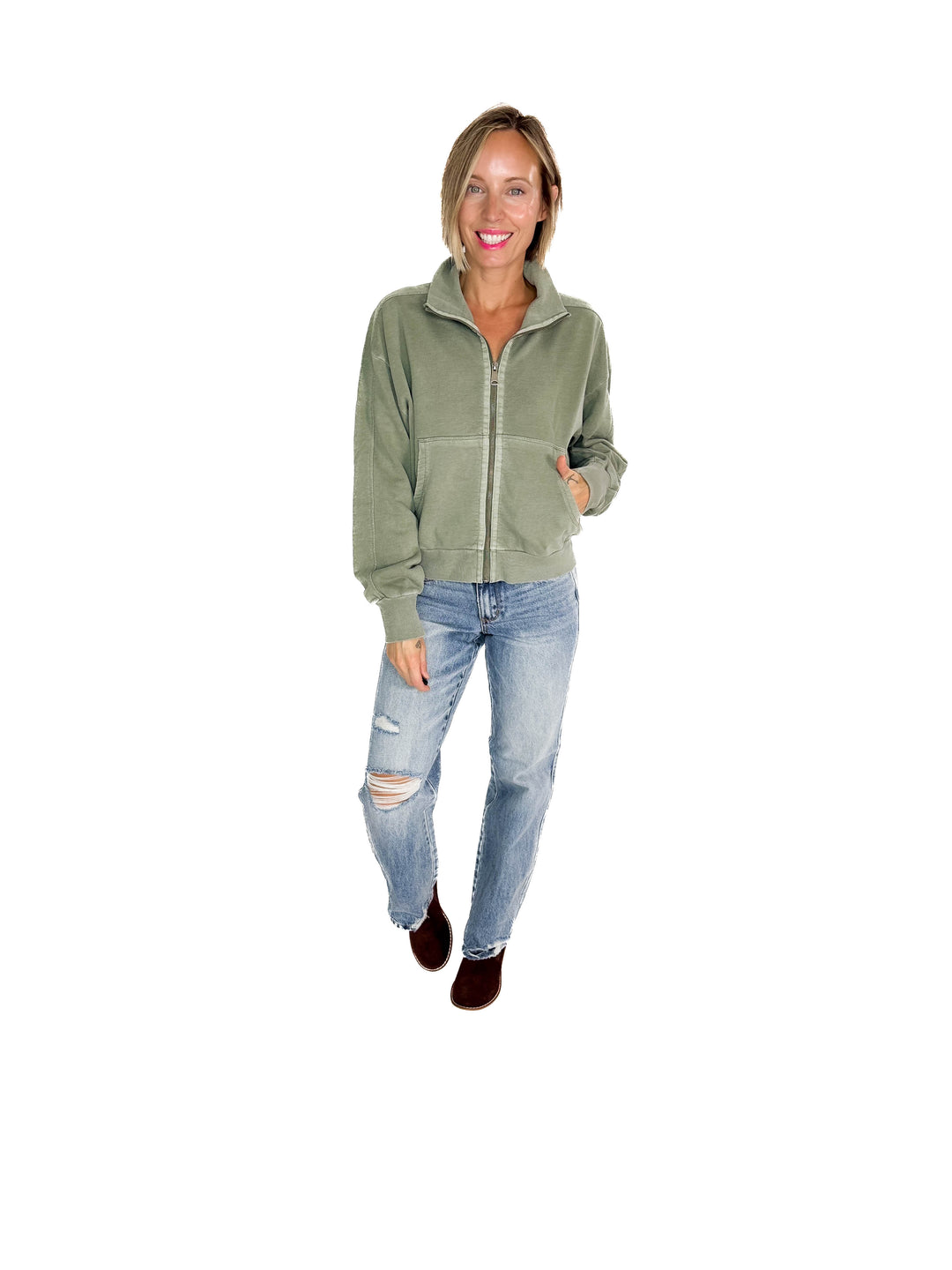 Adeline Cozy Acid Wash High Collar Full Zip- WASHED SAGE