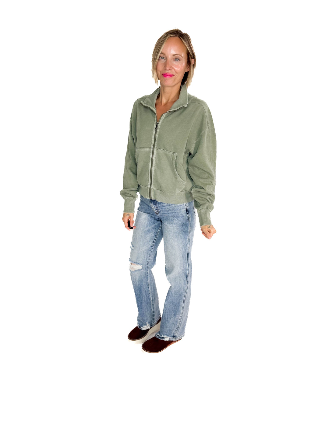 Adeline Cozy Acid Wash High Collar Full Zip- WASHED SAGE