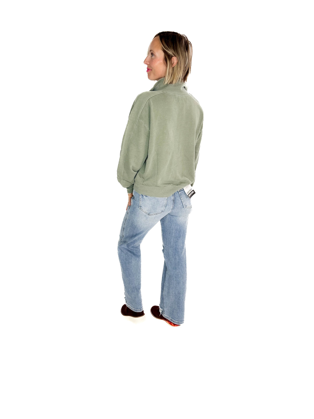 Adeline Cozy Acid Wash High Collar Full Zip- WASHED SAGE