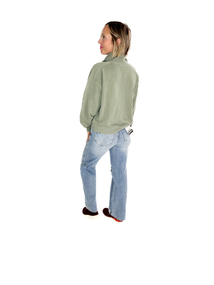 Adeline Cozy Acid Wash High Collar Full Zip- WASHED SAGE