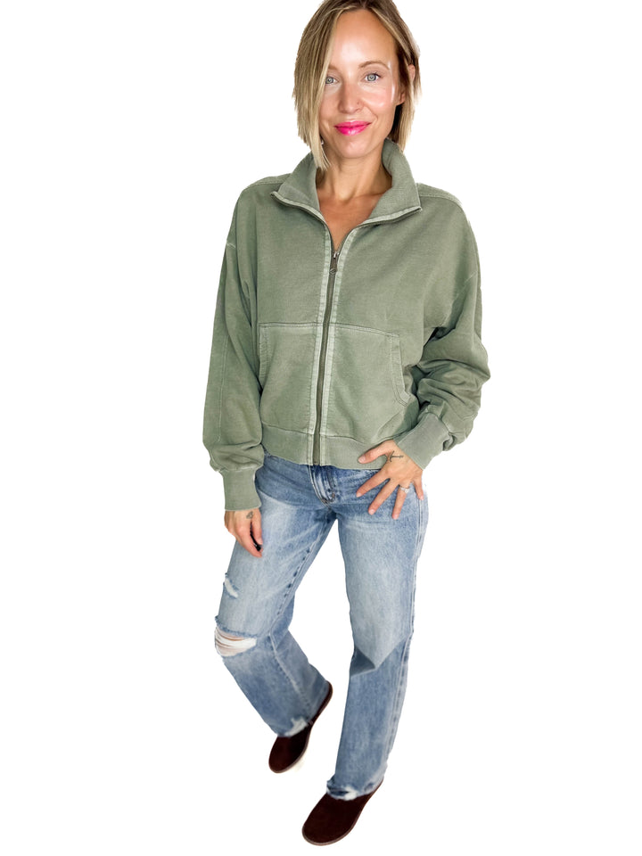Adeline Cozy Acid Wash High Collar Full Zip- WASHED SAGE