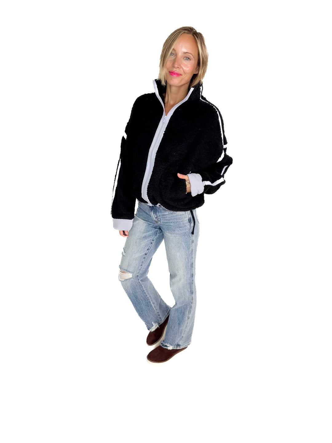 RD STYLE Jill Funnel Neck Sherpa- BLACK