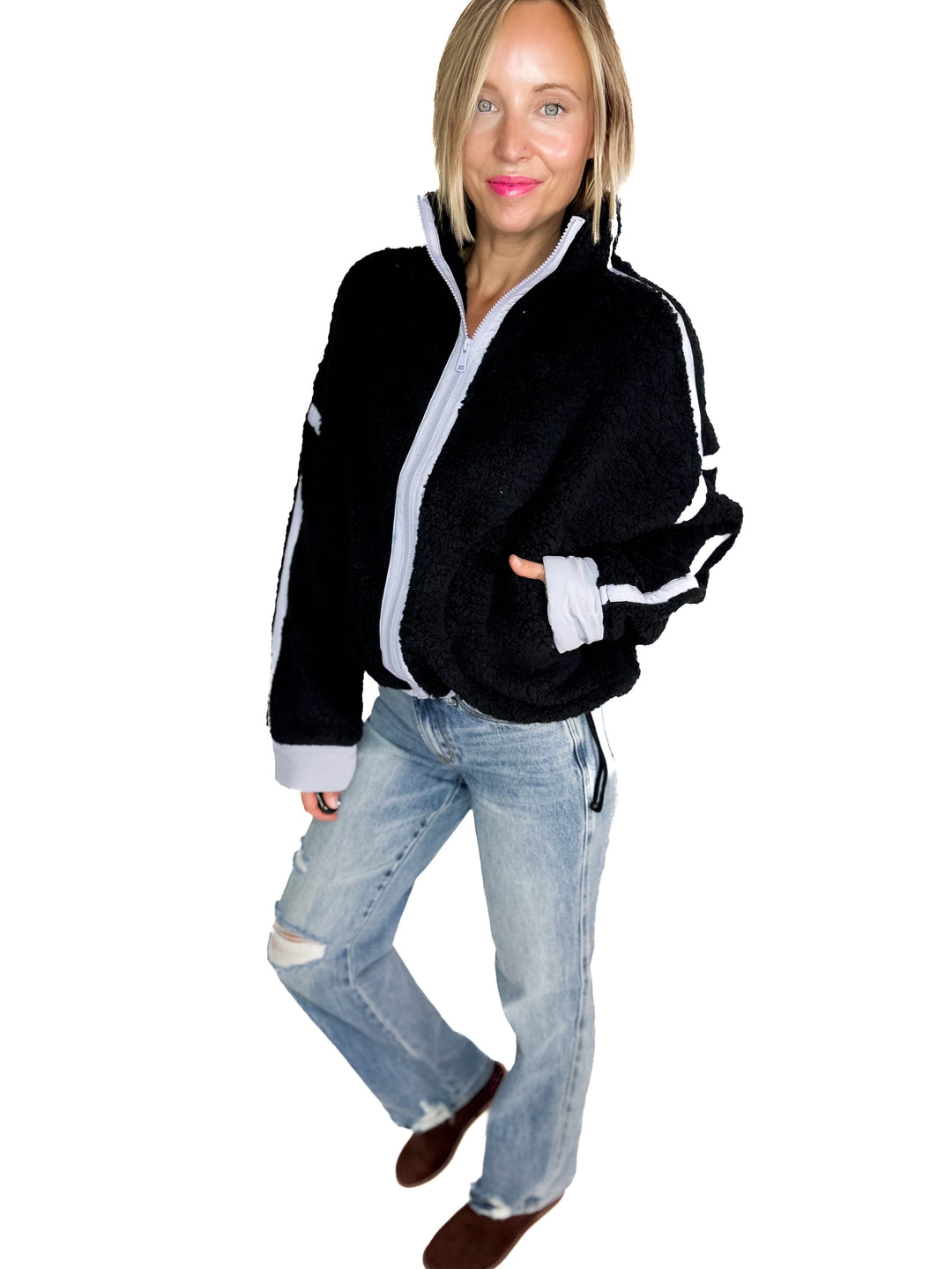 RD STYLE Jill Funnel Neck Sherpa- BLACK