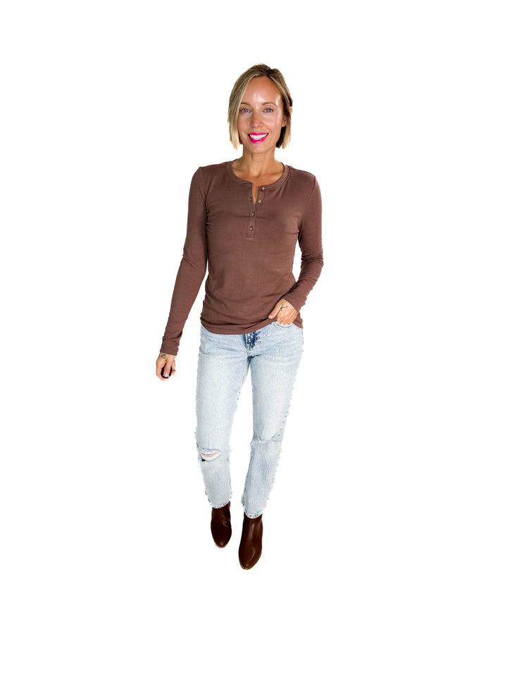 Reign Ultra Soft Basic Long Sleeve Henley- BROWN