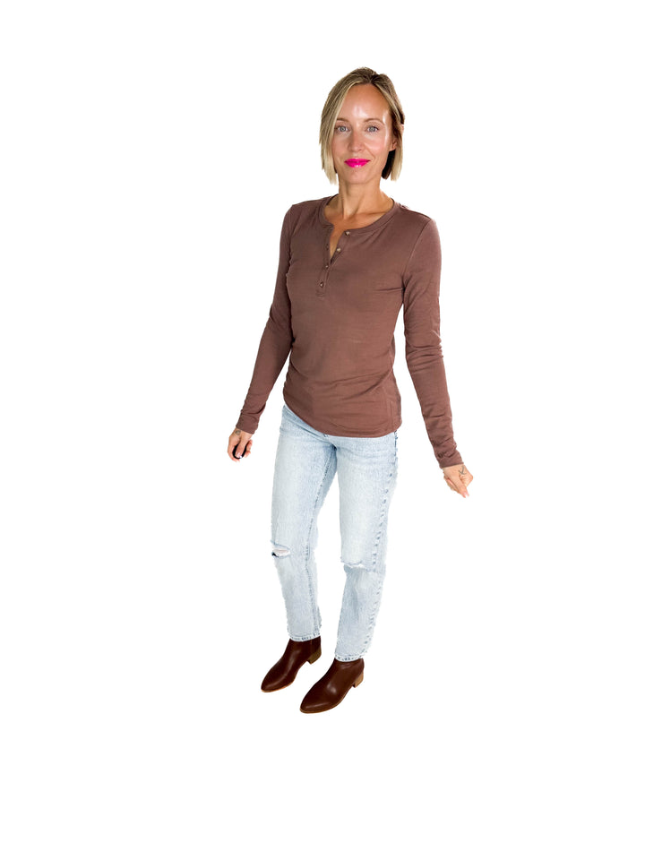 Reign Ultra Soft Basic Long Sleeve Henley- BROWN