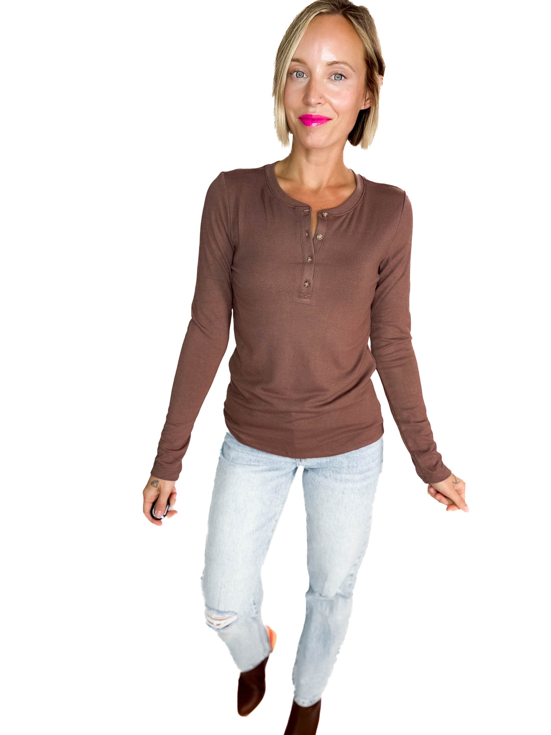 Reign Ultra Soft Basic Long Sleeve Henley- BROWN