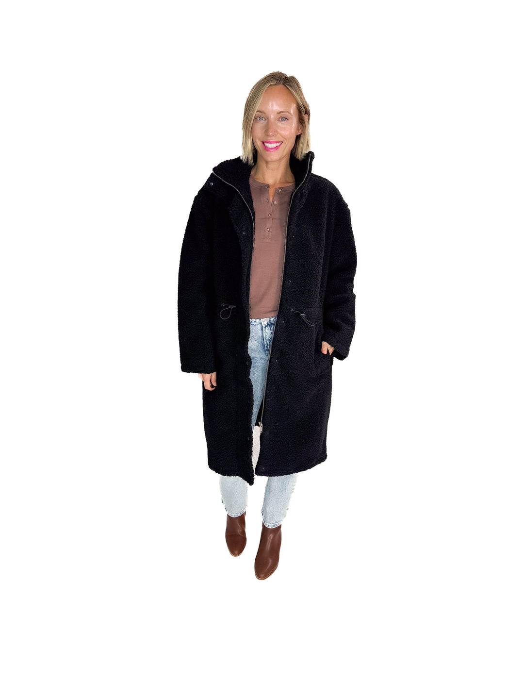 RD STYLE Mila Long Sherpa Coat- BLACK