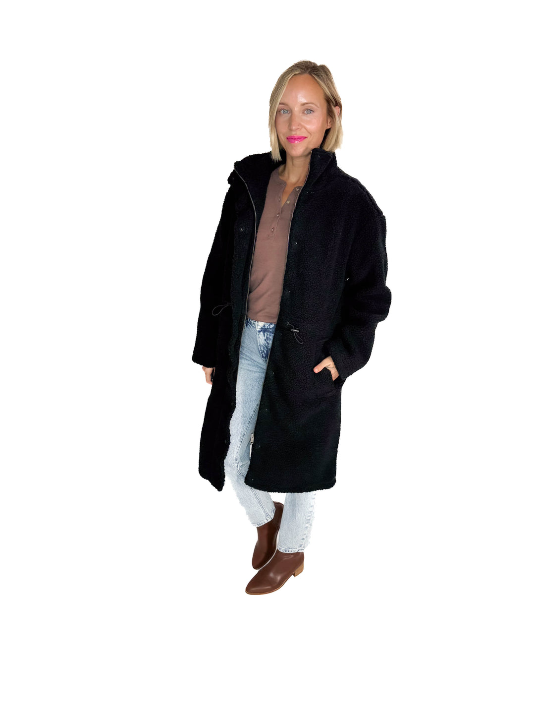 RD STYLE Mila Long Sherpa Coat- BLACK