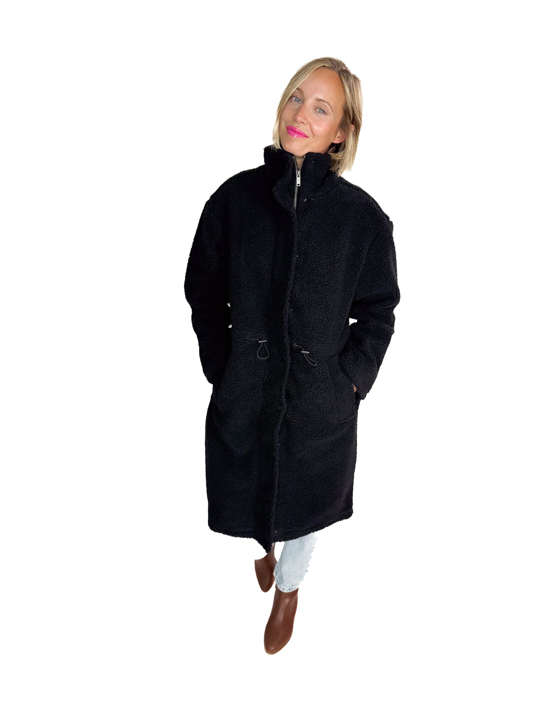 RD STYLE Mila Long Sherpa Coat- BLACK