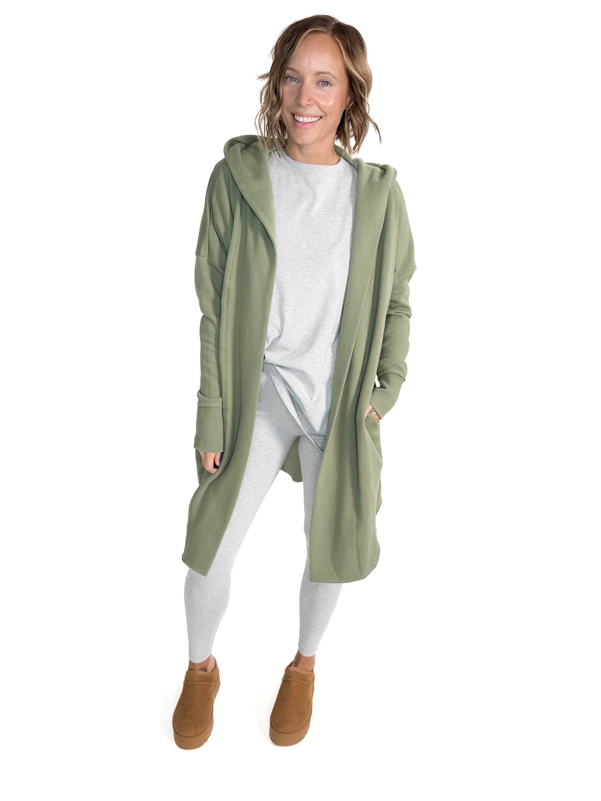 MONO B Whistler Longline Hoodie Cardigan- MOSS