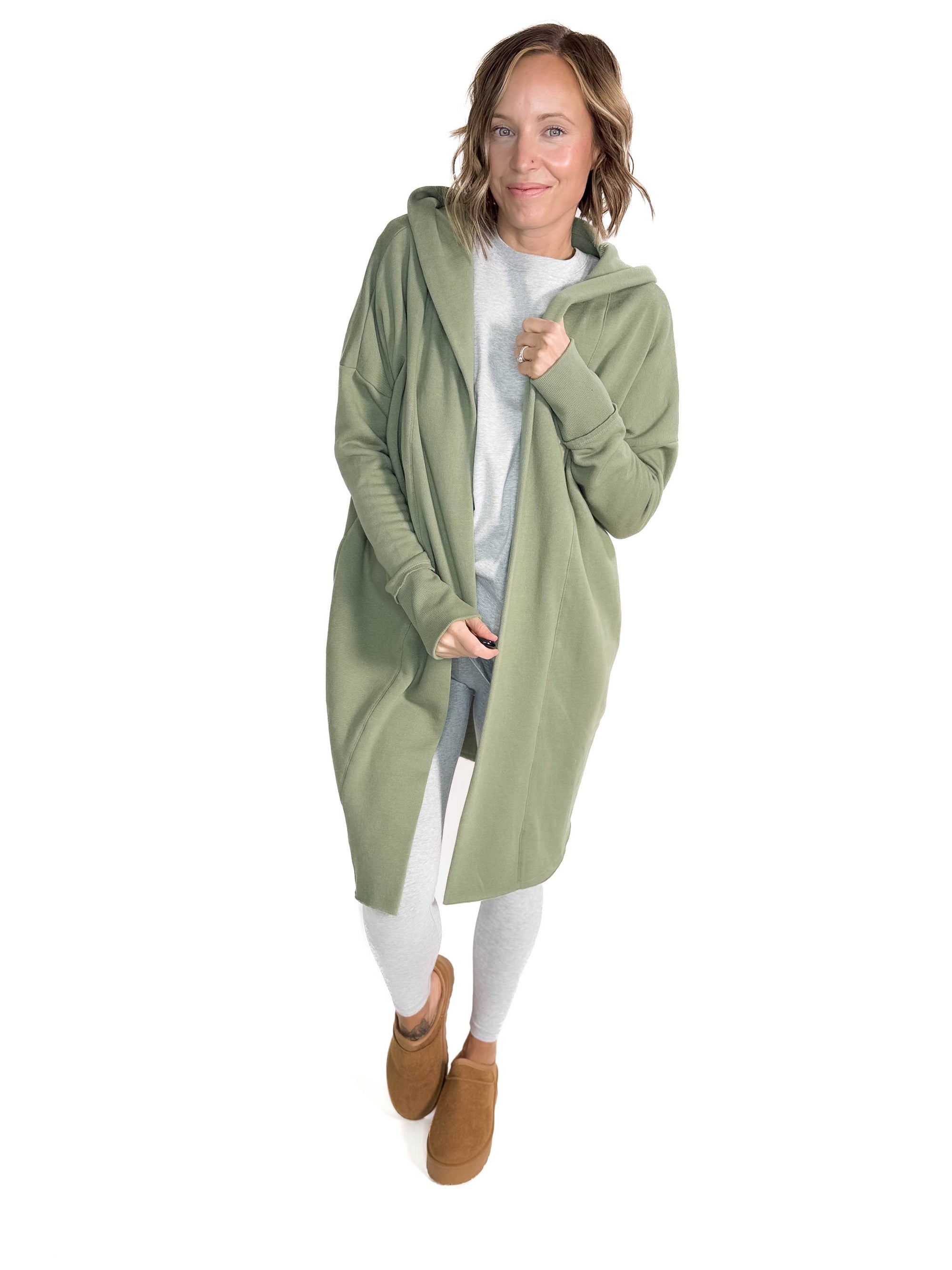 MONO B Whistler Longline Hoodie Cardigan- MOSS