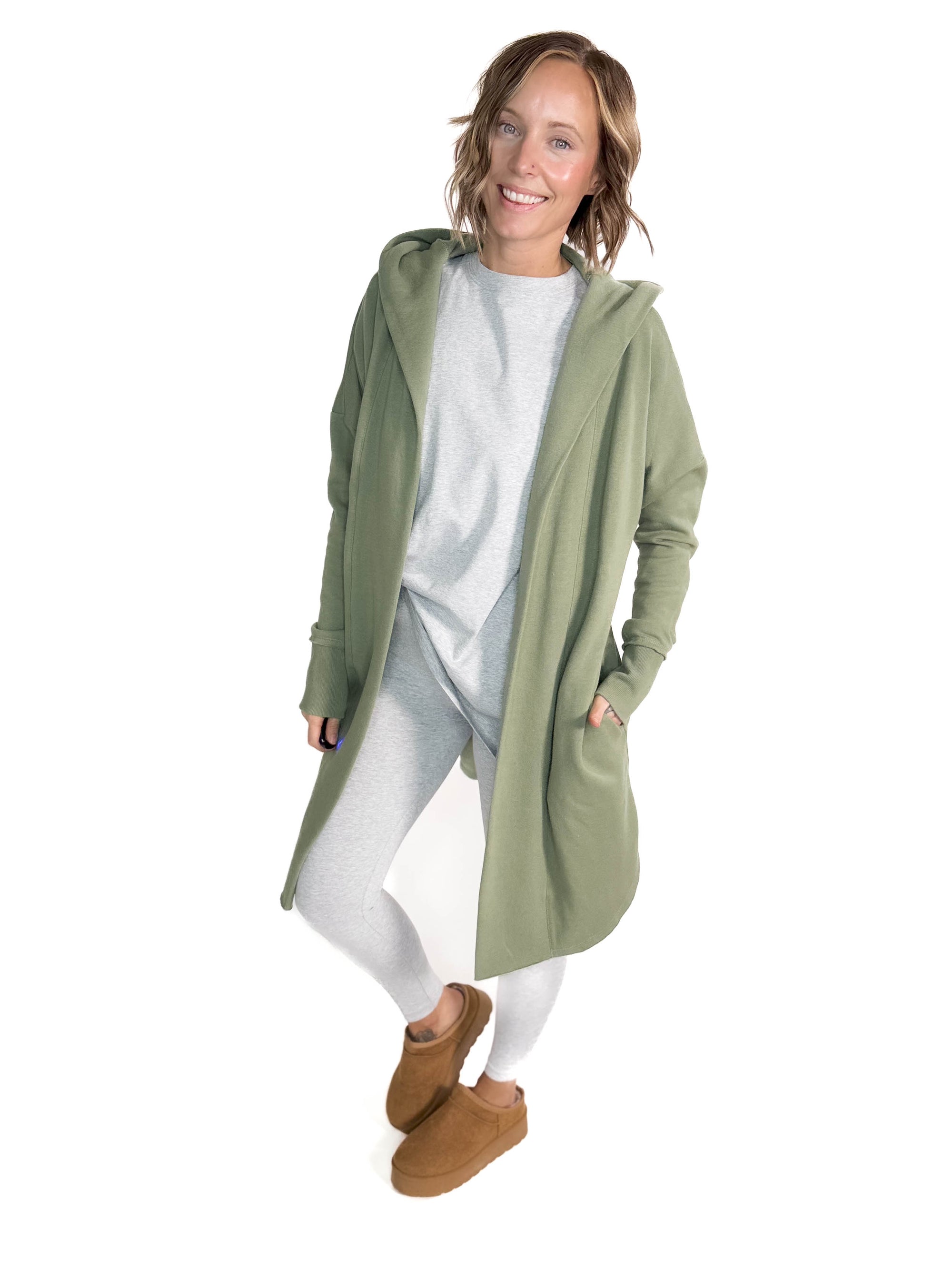 MONO B Whistler Longline Hoodie Cardigan- MOSS