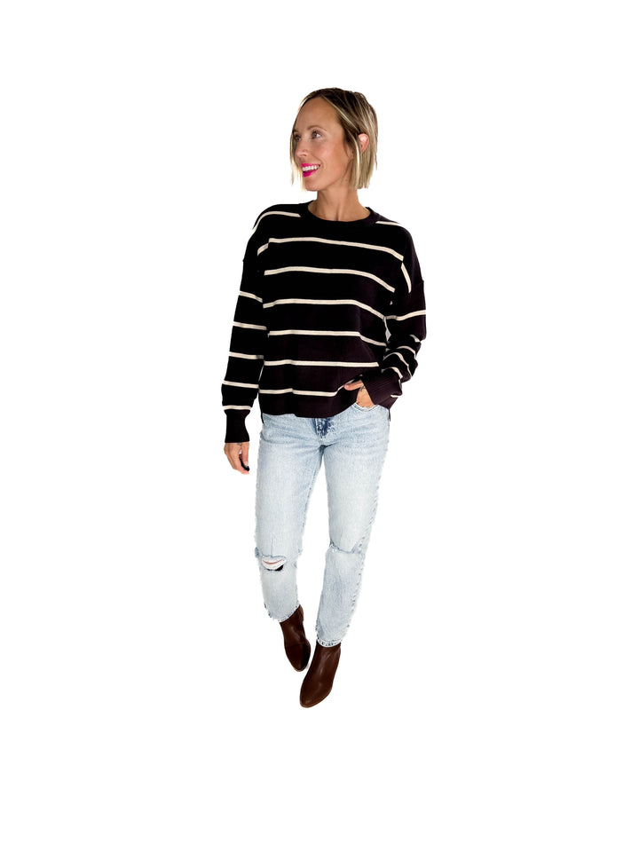 Fiora Striped Sweater With Drop Shoulder- CHARCOAL