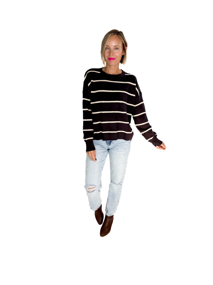 Fiora Striped Sweater With Drop Shoulder- CHARCOAL
