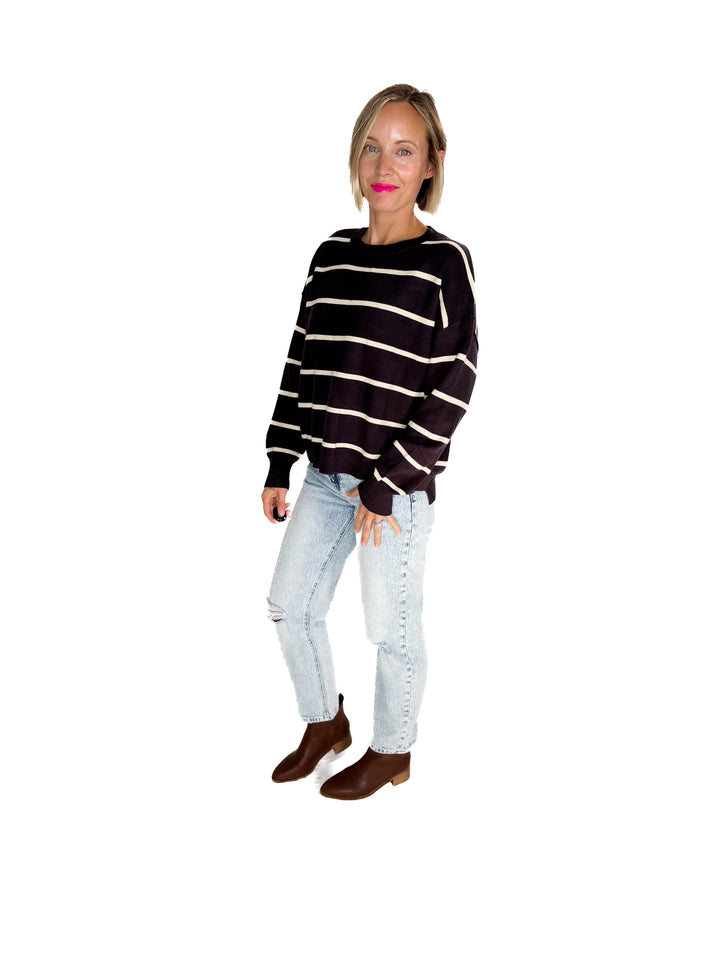 Fiora Striped Sweater With Drop Shoulder- CHARCOAL