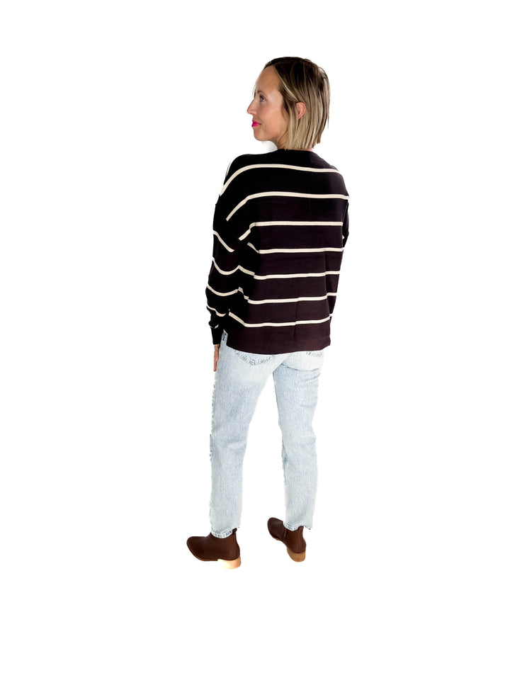 Fiora Striped Sweater With Drop Shoulder- CHARCOAL
