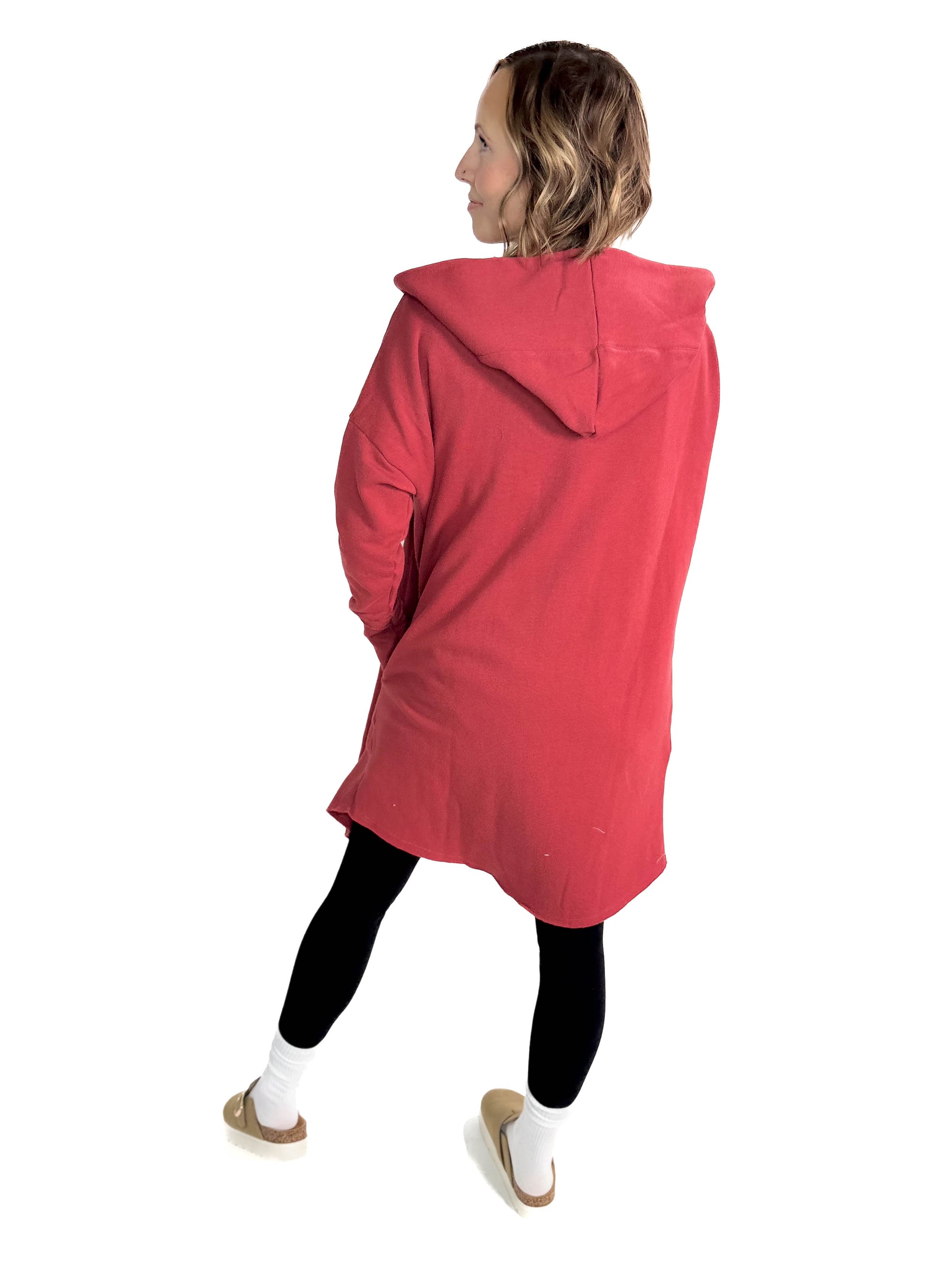 MONO B Whistler Longline Hoodie Cardigan- RED PEAR