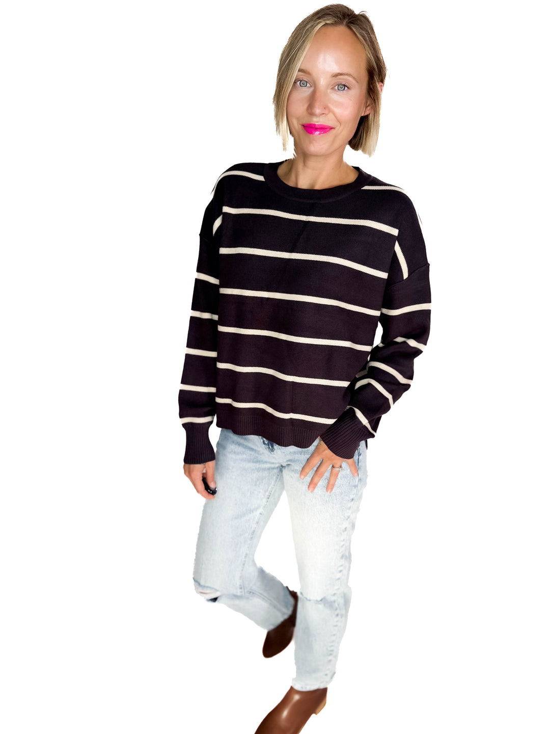 Fiora Striped Sweater With Drop Shoulder- CHARCOAL