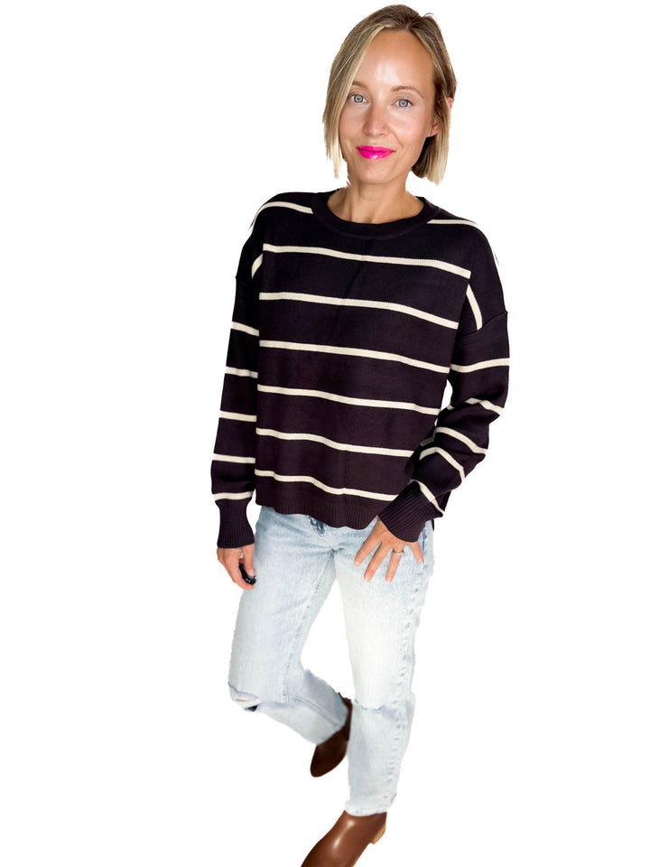 Fiora Striped Sweater With Drop Shoulder- CHARCOAL