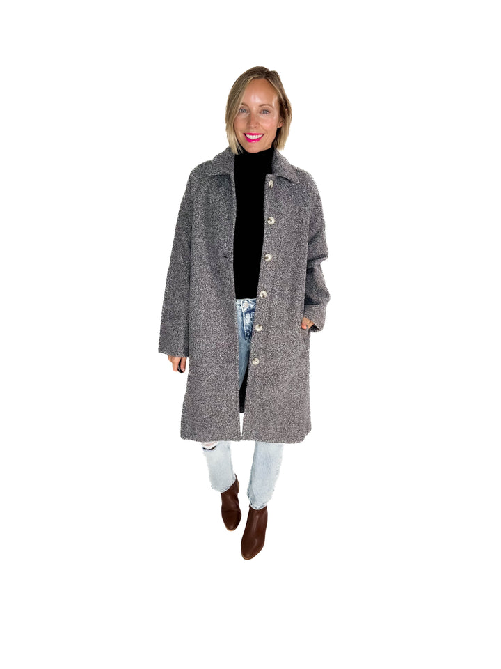 Frosty Boucle Long Button Coat- CHARCOAL