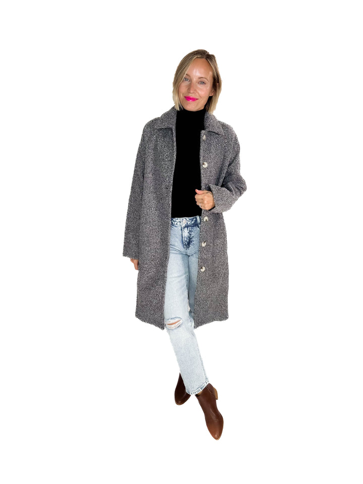 Frosty Boucle Long Button Coat- CHARCOAL