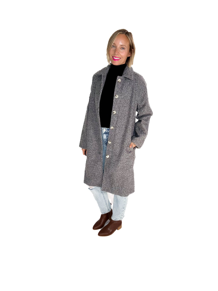 Frosty Boucle Long Button Coat- CHARCOAL