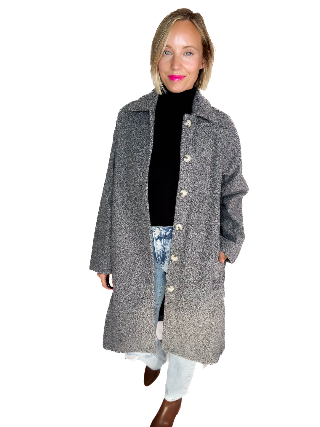 Frosty Boucle Long Button Coat- CHARCOAL