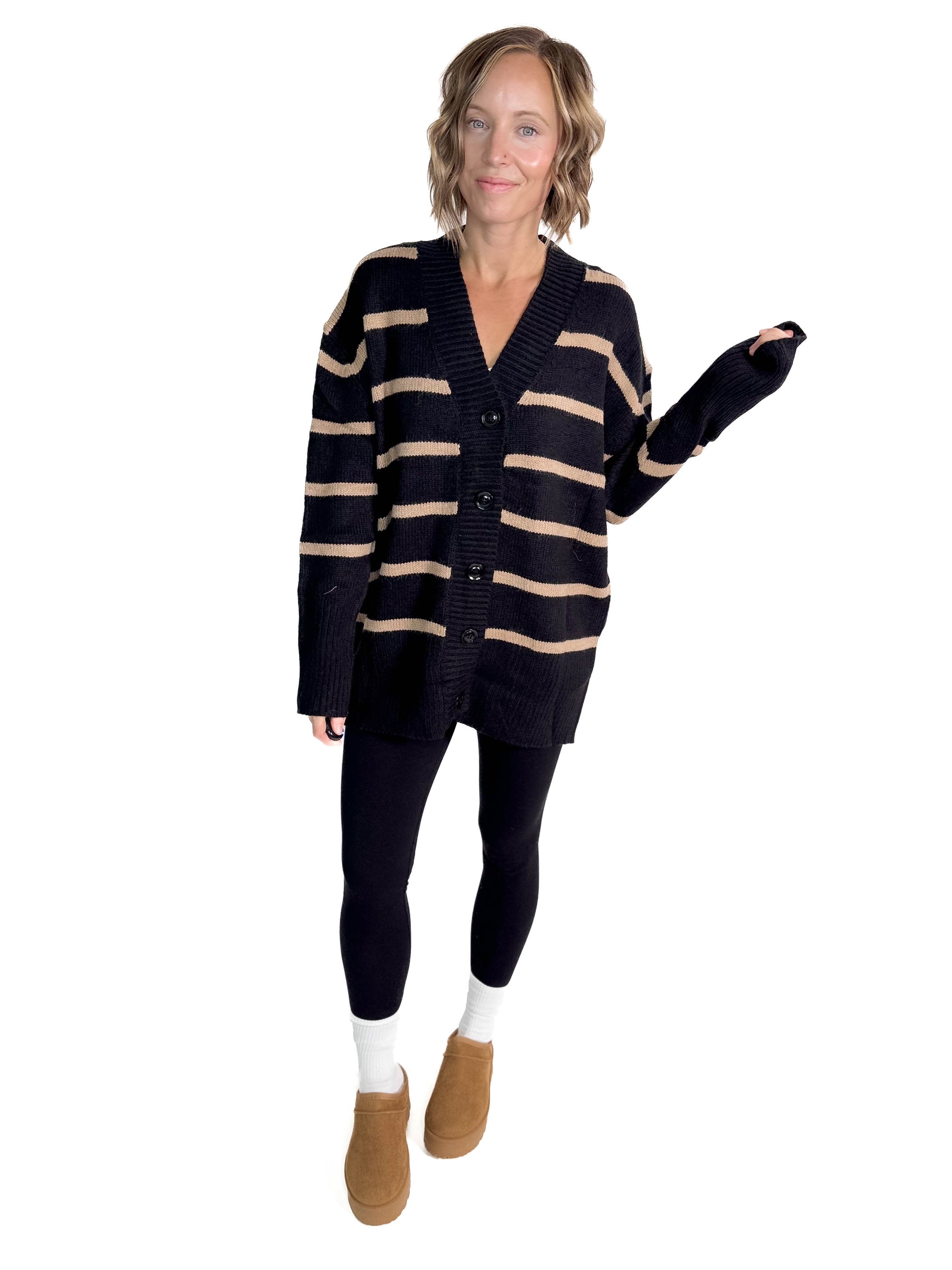 Jessica Striped V-Neck Cardigan- BLACK