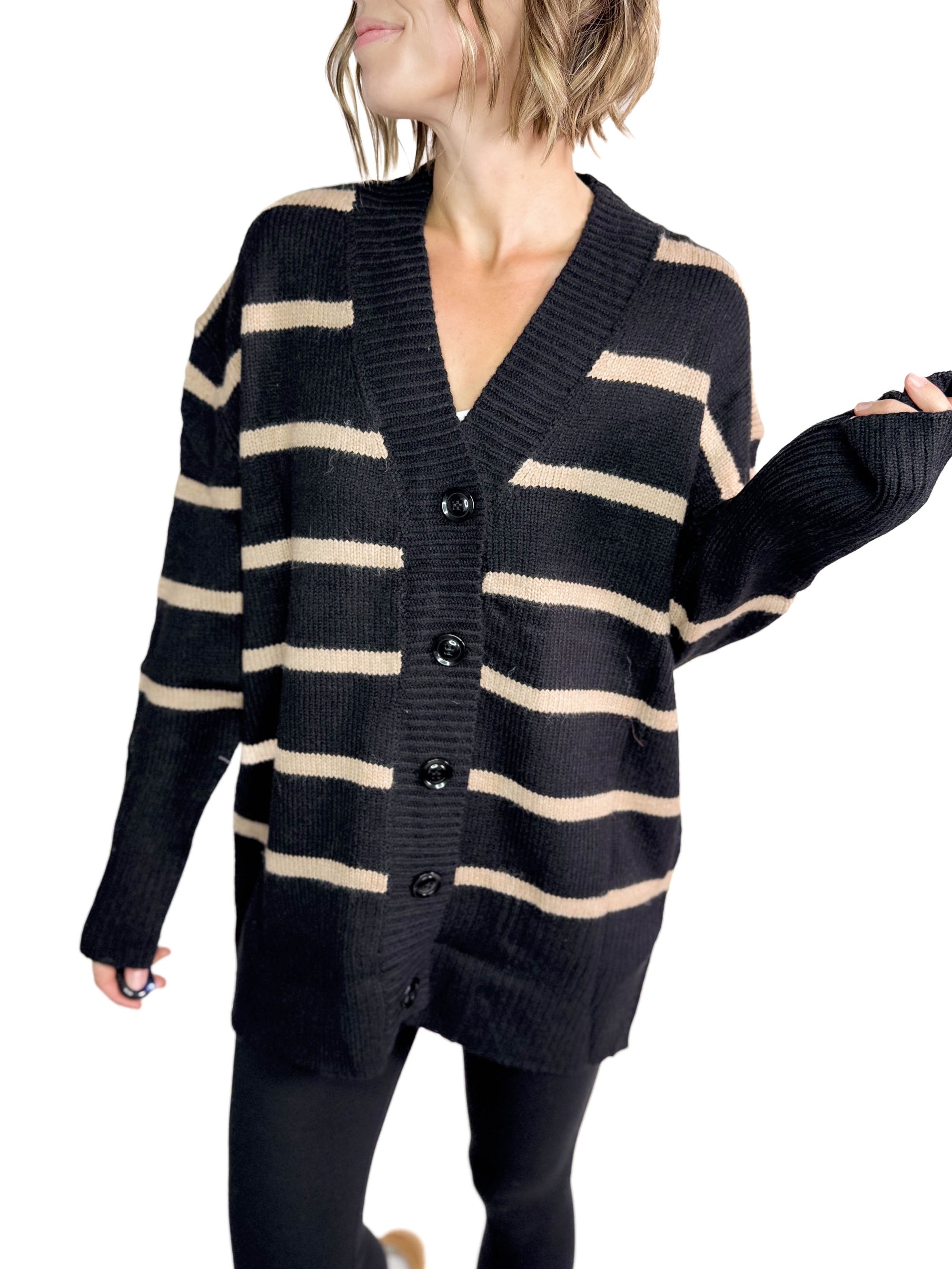 Jessica Striped V-Neck Cardigan- BLACK