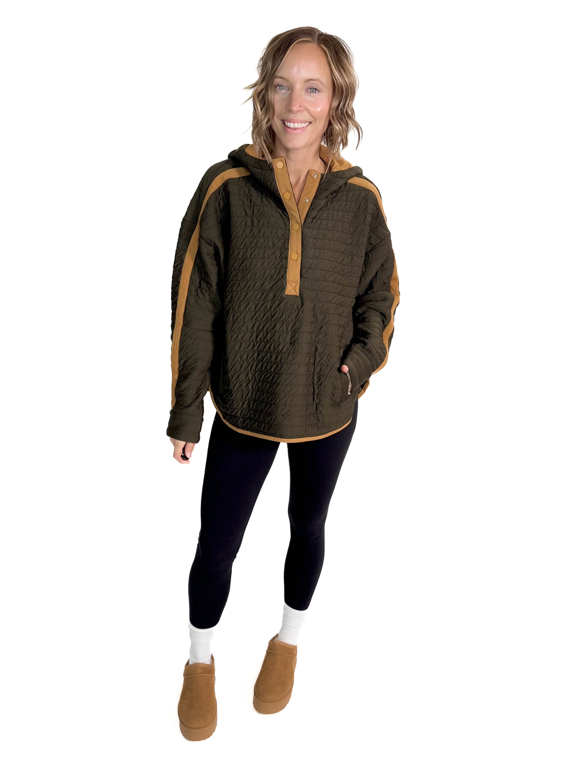 Christina Striped Quilted Hoodie Top- DARK OLIVE/MUSTARD