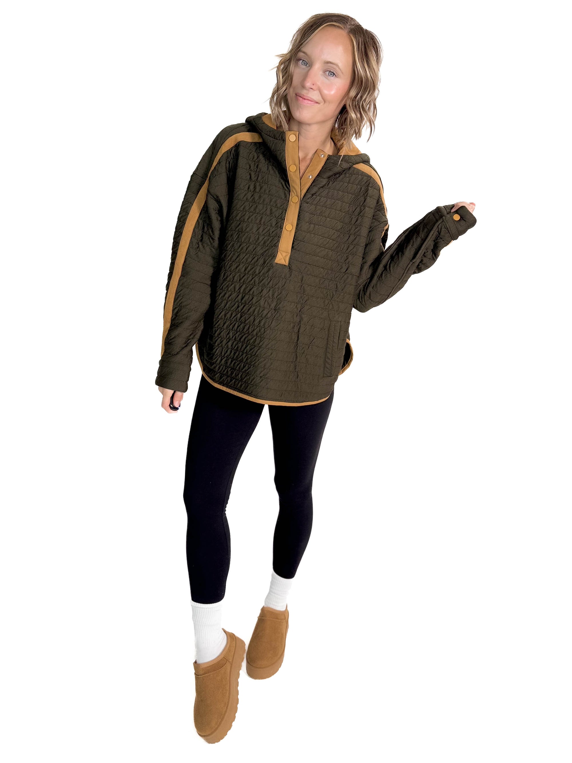 Christina Striped Quilted Hoodie Top- DARK OLIVE/MUSTARD