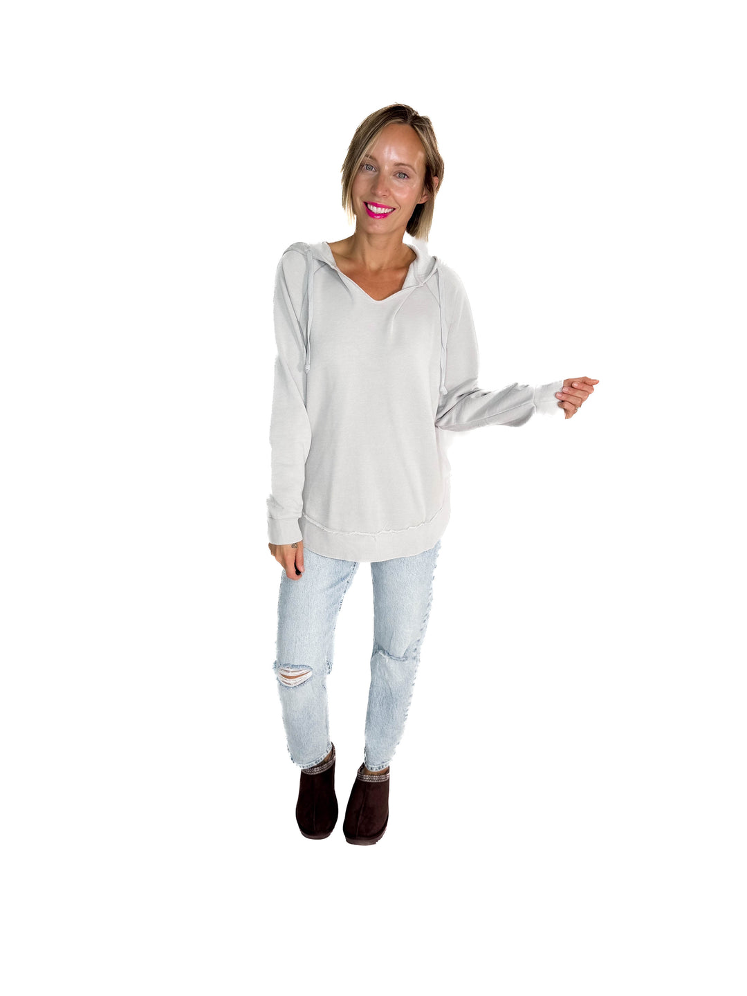 September Sky Split Hem Hoodie- LIGHT GREY