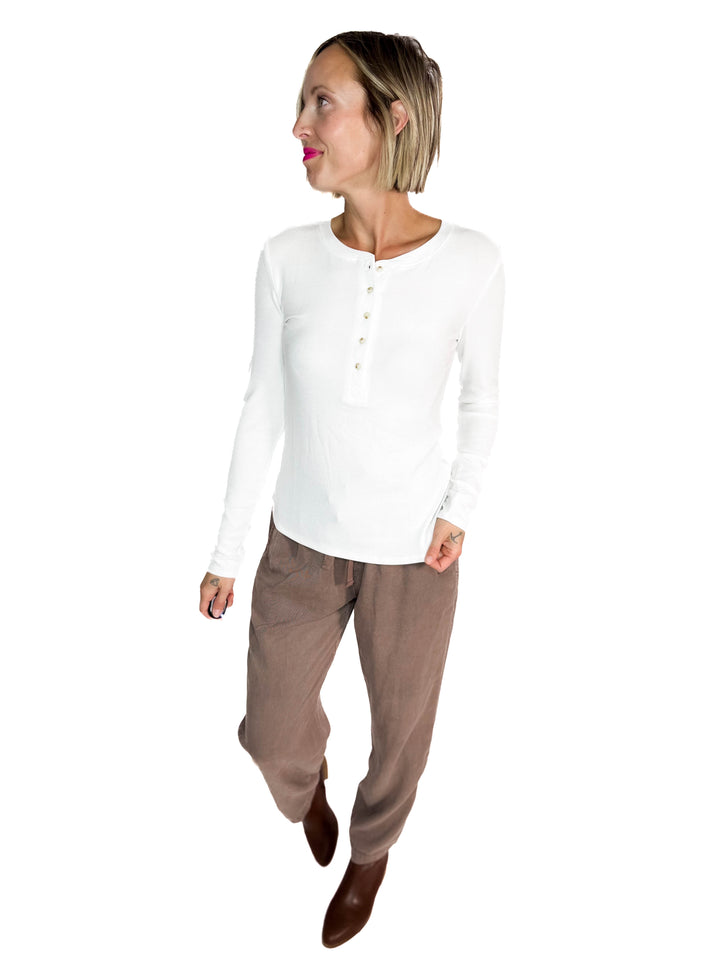 Carolyn Ultra Soft Classic Ribbed Long sleeve Henley- OFF WHITE