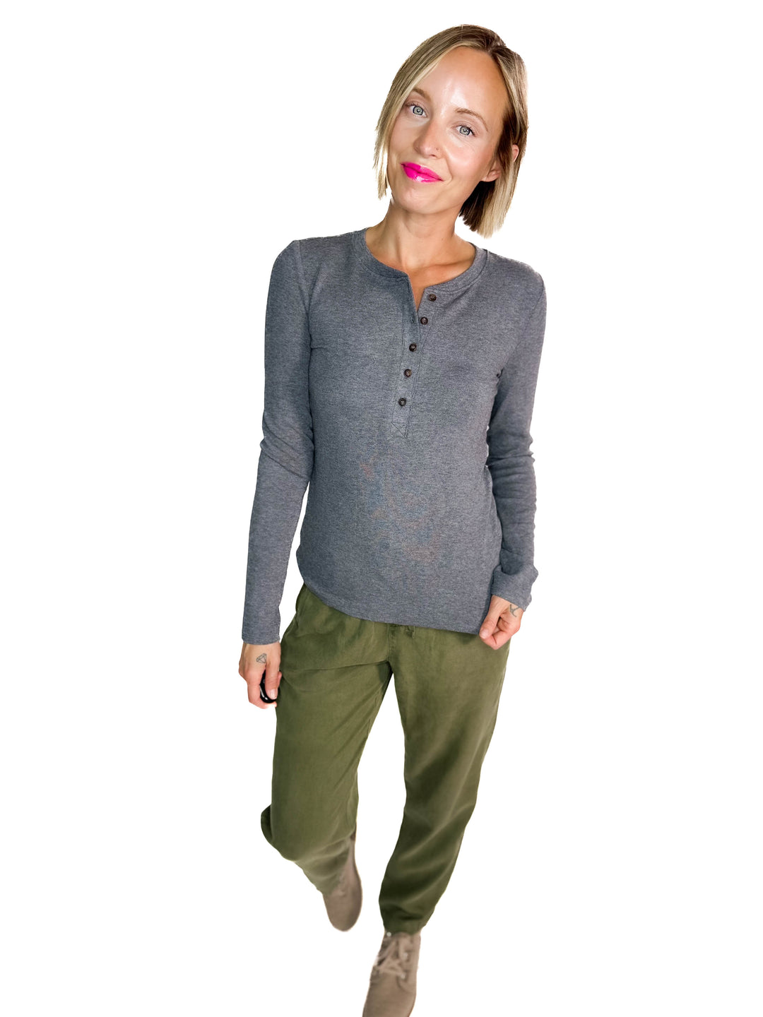 Carolyn Ultra Soft Classic Ribbed Long sleeve Henley- HEATHER GREY